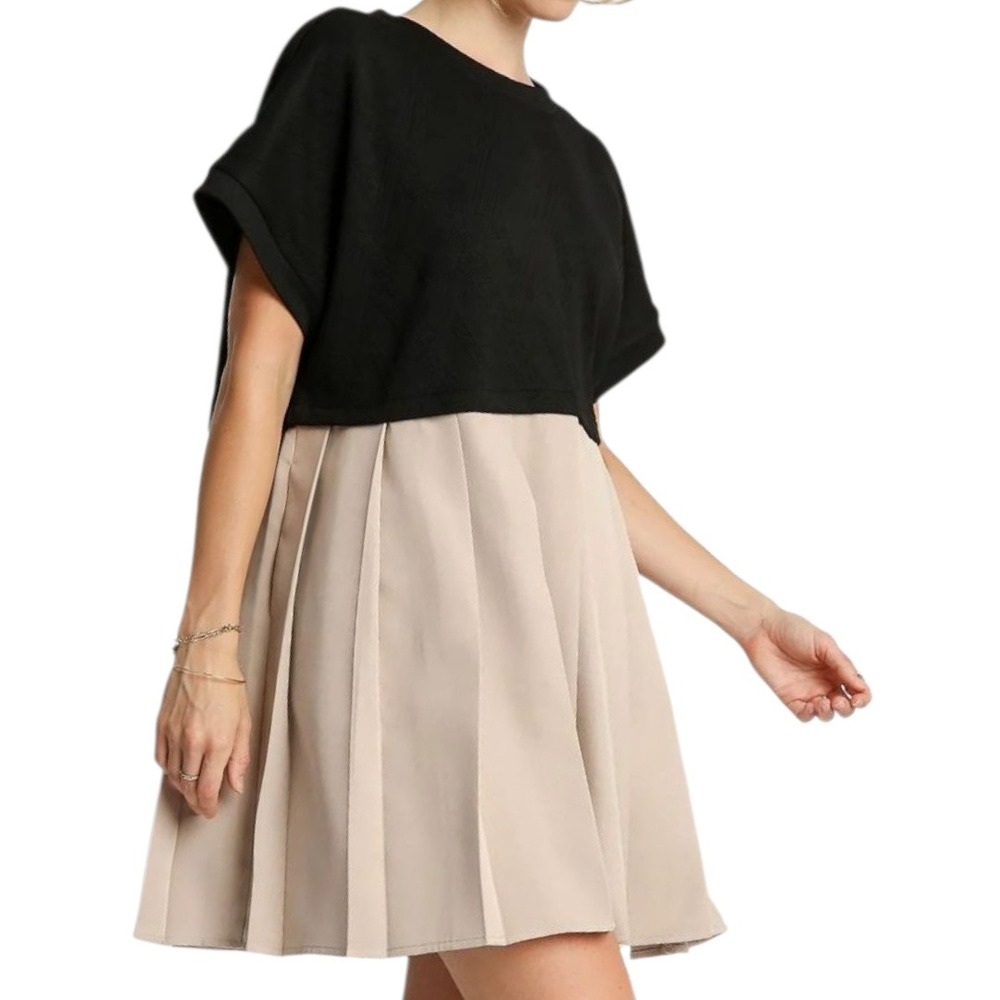 Umgee Womens S Black Jacquard Tan Skirt Pleated Mini‎ Dress